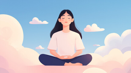 A serene illustration of a woman meditating peacefully among soft clouds in a clear blue sky. high quality