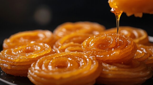Close up of freshly made jalebis being drizzled with sugar syrup, their warm golden-orange color popping against a dark background