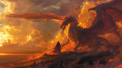 Epic Fantasy Scene with Dragon Rider and Fiery Sunset - Perfect for Fantasy Literature and Game Design