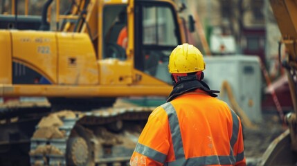 Construction Worker in Safety Gear with Excavator in Background