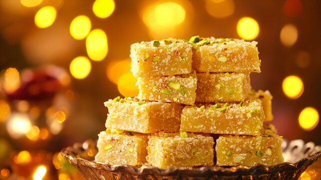 Delicate sohan papdi squares stacked neatly, dusted with pistachio, with a shimmering backdrop of Diwali lights