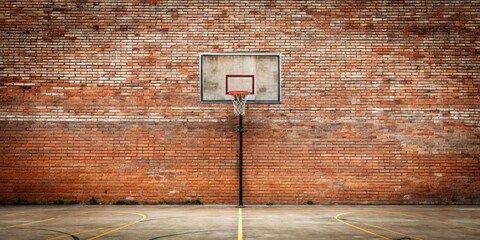 Outdoor basketball court with old brick wall and hoop, perfect for urban street ball sessions