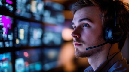 Focused young man wearing a headset monitors digital screens in a modern workspace. He exemplifies the tech-savvy professional of today. The atmosphere is energetic and inspiring. AI