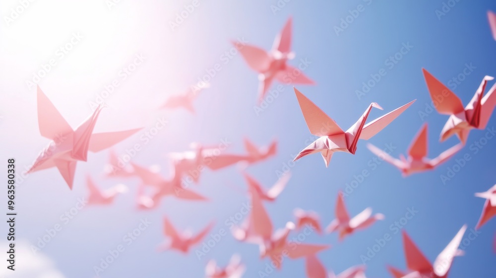 Wall mural Pink Origami Birds Flying in a Blue Sky