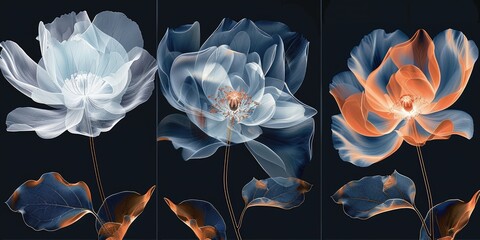 Abstract Botanical Wall Art Panels with Translucent Flowers in Blue and Orange. AI generated illustration
