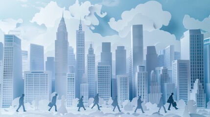 Fototapeta premium A vibrant cityscape silhouette depicting people walking against a backdrop of skyscrapers and clouds, perfect for urban themes.