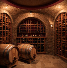A cellar with wooden wine racks and barrels, showing the intricate details of a wine lover's space