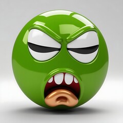 3D emoticon with a disgusted expression, bright green color, squinting eyes, twisted mouth, glossy rounded shape, isolated on white background.
