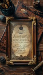 Framed Certificate of Academic Excellence with Quill and Inkwell on Wooden Desk for Scholarly Achievement Display
