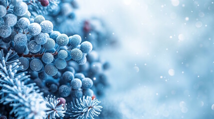 Close-up of frosted blue berries on a snowy branch. Concept for winter nature designs, Christmas decor, and seasonal celebrations