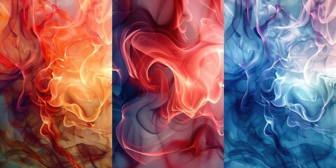 Abstract Fluid Wall Art Panels with Red, Blue, and Orange Curves. AI generated illustration