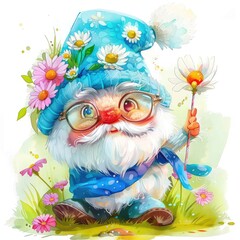 Fototapeta premium Watercolor sketch of a gnome in a knitted hat with daisies and a blue scarf, holding a magic wand, isolated on a white background, reflecting a happy and magical character.