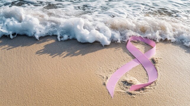 Pink Ribbon on Sandy Beach with Foamy Wave