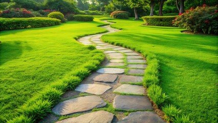 Obraz premium Stone pathway meandering through lush green garden grass