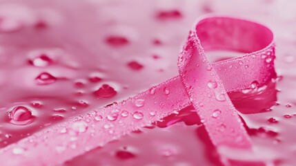 Pink Ribbon Covered in Water Droplets