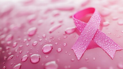 Pink Ribbon with Water Drops on a Pink Surface