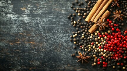 Fototapeta premium Spices like black pepper, cayenne pepper, cardamom, cinnamon sticks, star anise, nutmegs, and cloves scattered on a dark wood surface. The colorful mix stands out against a deep gray background, with