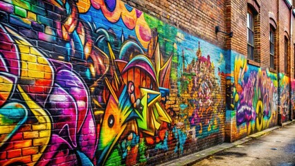 Obraz premium Graffiti-covered old brick wall with vibrant street art in urban setting