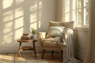 Cozy reading nook with natural light, a comfy chair, soft blanket, and books on a side table, perfect for relaxation.