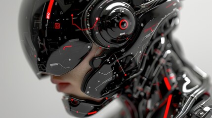 A person's face in a cybernetic mask with crimson and black accents, featuring exposed circuitry and a mechanical jaw, reflecting the cutting-edge fusion of humanity and advanced technology.