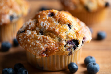 Cupcakes (muffins) with blueberries on a wooden board. A delicious summer dessert for morning tea or breakfast