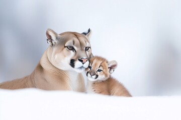 Obraz premium an endearing puma and its cub, warm tones, white background, wild animal protection concept, animal keeping, mother hood