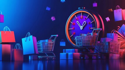 Interactive Black Friday background featuring a countdown timer, vibrant sale graphics, and animated shopping carts, creating a sense of urgency