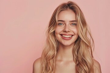 Naklejka premium A woman with blonde hair and a pink background, generative ai image