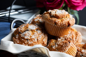Close-up shot of chocolate chip muffin with selective focus on front of muffin