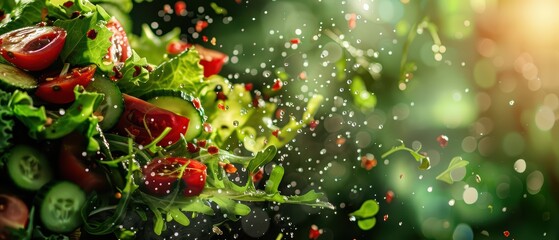 Fresh vegetables splashed with water, creating an energetic and vibrant salad scene, perfect for healthy eating themes.