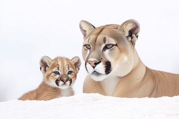Obraz premium an endearing puma and its cub, warm tones, white background, wild animal protection concept, animal keeping, mother hood