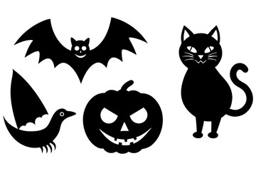 Halloween icon Collection of various scary and funny ghosts and animal ghosts. Magic symbols for parties, celebrations, templates and decorations. Isolated silhouette. Vector
