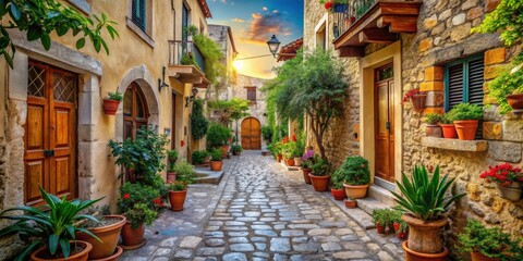 Artistic depiction of ancient Greek streets with traditional architecture, cobblestone pathways, and potted plants