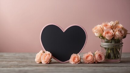 a pastel pink background with a heart shaped chalkboard perfect for writing love notes.