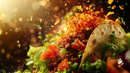 Mouthwatering taco filled with fresh ingredients, vibrant colors, and a sprinkle of cheese. Perfect for food lovers and culinary art.