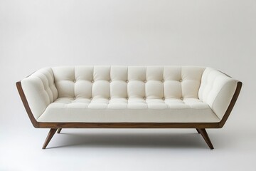 Chic modern sofa with button tufts and angular wooden legs isolated.generative ai