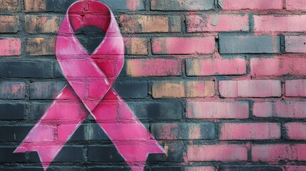 Pink Ribbon Painted on a Brick Wall