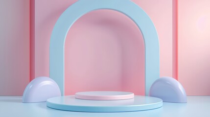 Stylish pastel stage with circular platform and arch. Ideal for presentations, exhibitions, or artistic displays in modern settings.