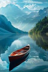 Obraz premium Serene Mountain Lake with Canoe Reflecting Peaks, Capturing Tranquility and Freedom - Ideal for Posters