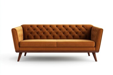 Chic modern sofa with button tufts and angular wooden legs isolated.generative ai