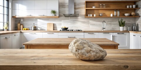 Stone stand on wooden table in modern kitchen interior for product display