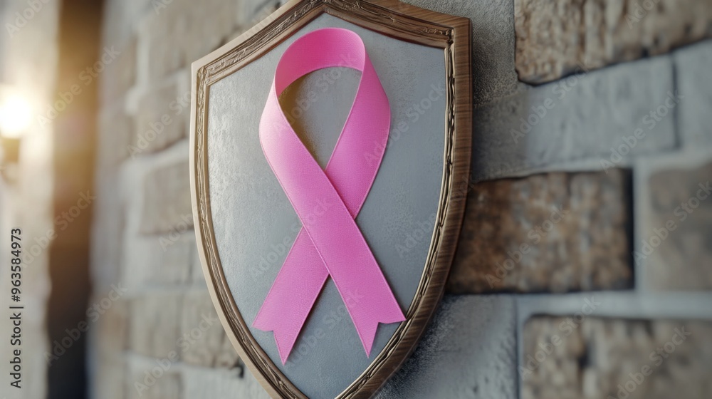 Wall mural pink ribbon on a wooden shield against a brick wall