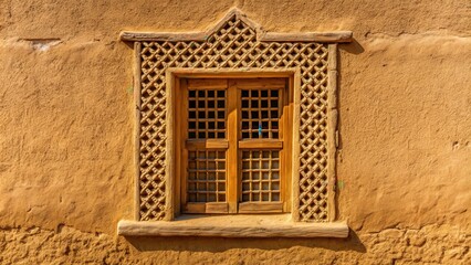 Stock photo of a window in a traditional mud wall in Riyadh, Saudi Arabia
