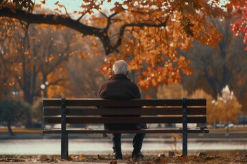 Elderly Man Alone on Park Bench Amid Autumn Trees Reflecting Isolation and Peacefulness
