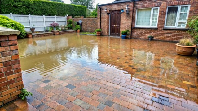 Flooded brick patio area after heavy rain with blocked soakaway