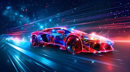 A Red and Blue Geometric Sports Car Moving at High Speed Through a Starry Night
