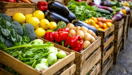 Colorful Vegetables in Wooden Crates at Market