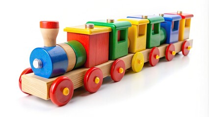 Colorful wooden toy train isolated on white background captured using a fisheye lens, kid, fisheye, vintage, creative, colorful, nostalgic, isolated, vibrant, fun, white background, wooden