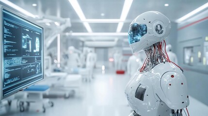 Fototapeta premium A futuristic AI-powered hospital with robots and advanced diagnostic tools, symbolizing healthcare transformed by AI