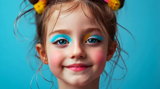 A young girl with blue, yellow, and pink hair and makeup is smiling. She is wearing a pink dress